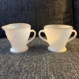 Vintage Anchor Hocking Gold Rim Milk Glass Creamer & Sugar bowl Swirl Pattern